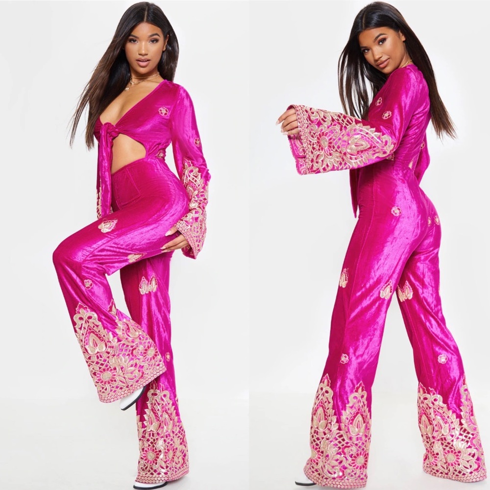 NWT Pretty Little Thing Velvet Embroidered Jumpsuit